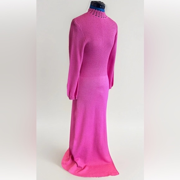 Vintage 70s Dolphin California Hand Knit Pink Maxi Gown Dress w/ Slit - Picture 7 of 14